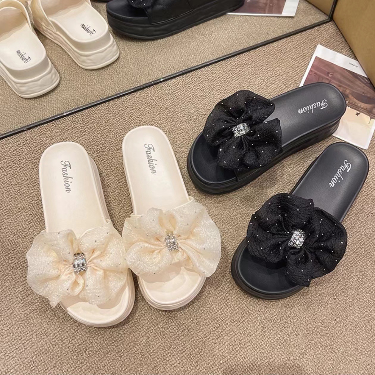 Women's Fashion Bow Thick-Soled Platform Sandals, Non-Slip Soft Cushion Slip-On Flat Shoes, Comfortable "Cloud" Slippers for Daily Wear