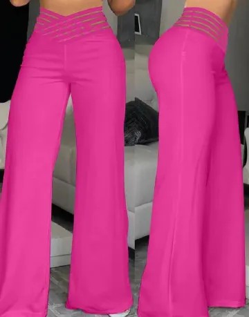 Women Flared Pants Elegant Office Lady Casual High Waist Trousers Spring Summer Solid Crisscross Sheer