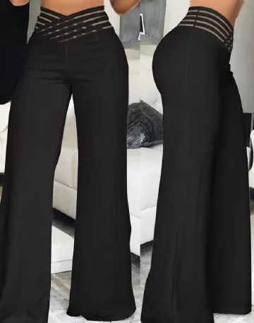 Women Flared Pants Elegant Office Lady Casual High Waist Trousers Spring Summer Solid Crisscross Sheer
