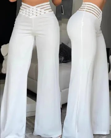 Women Flared Pants Elegant Office Lady Casual High Waist Trousers Spring Summer Solid Crisscross Sheer