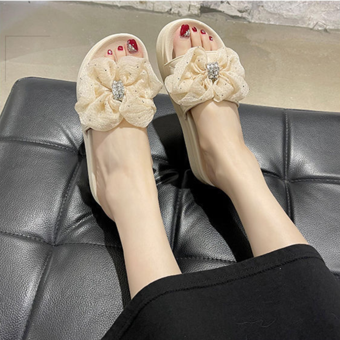 Women's Fashion Bow Thick-Soled Platform Sandals, Non-Slip Soft Cushion Slip-On Flat Shoes, Comfortable "Cloud" Slippers for Daily Wear
