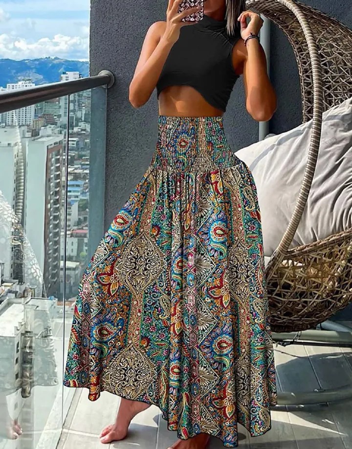 New European and American women's clothing,  fashionable and versatile Bohemian printed elastic waist mid length skirt, casual loose holiday floral skirt, high waist half skirt, slim A-line skirt,