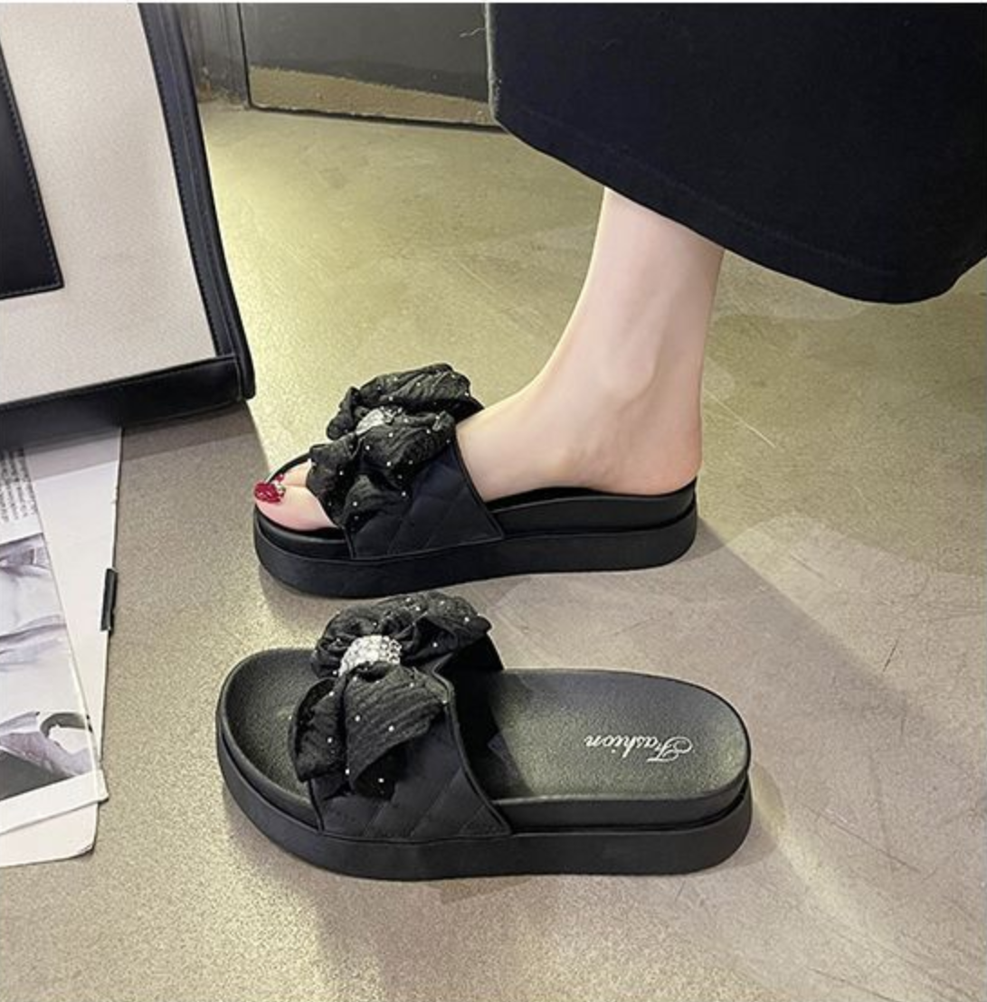 Women's Fashion Bow Thick-Soled Platform Sandals, Non-Slip Soft Cushion Slip-On Flat Shoes, Comfortable "Cloud" Slippers for Daily Wear