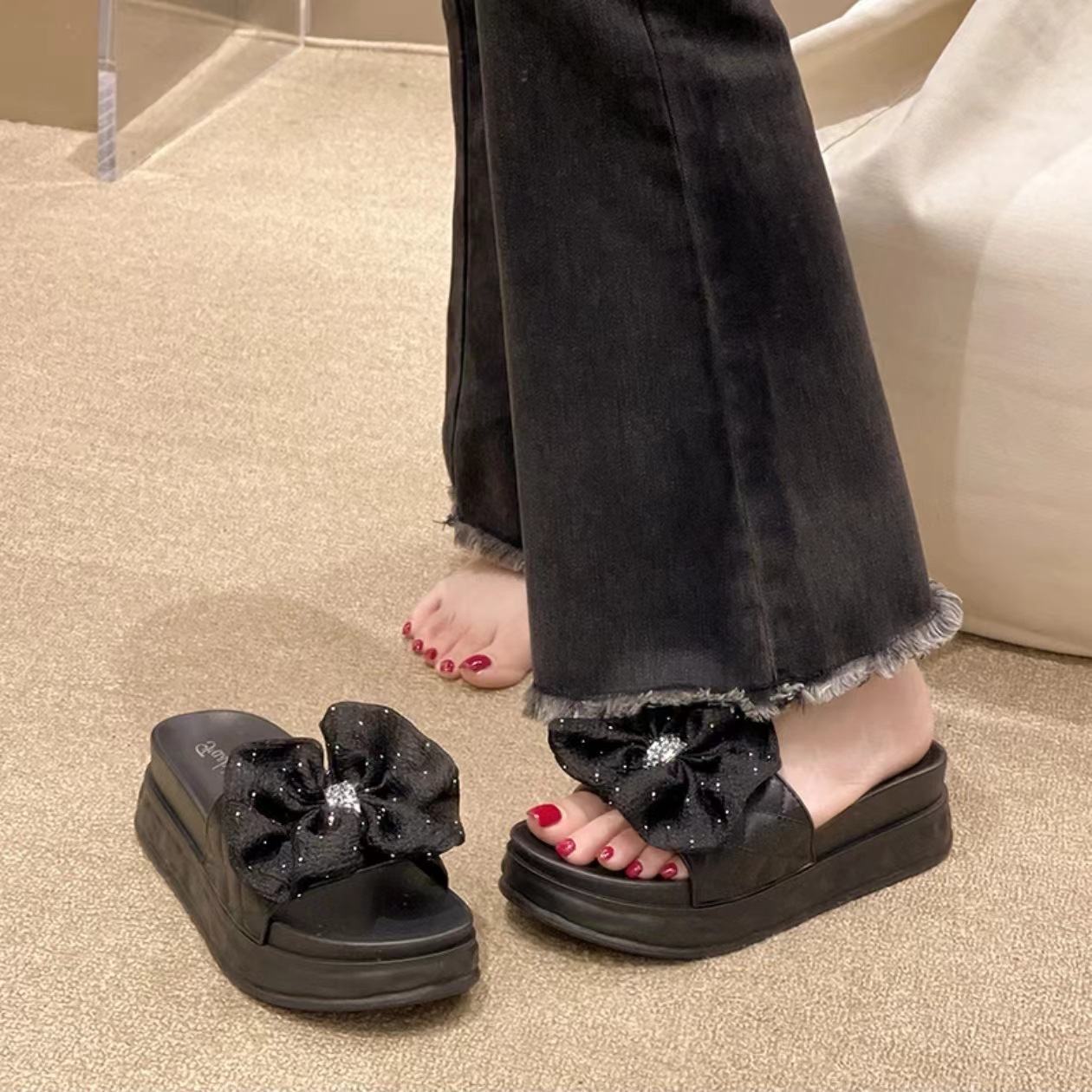 Women's Fashion Bow Thick-Soled Platform Sandals, Non-Slip Soft Cushion Slip-On Flat Shoes, Comfortable "Cloud" Slippers for Daily Wear