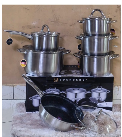 Edenberg 12 Pcs Stainless Steel Cookware Set Sufuria Set with Glass Lids, Saucepan & Frying Pan for Home Kitchen Cooking