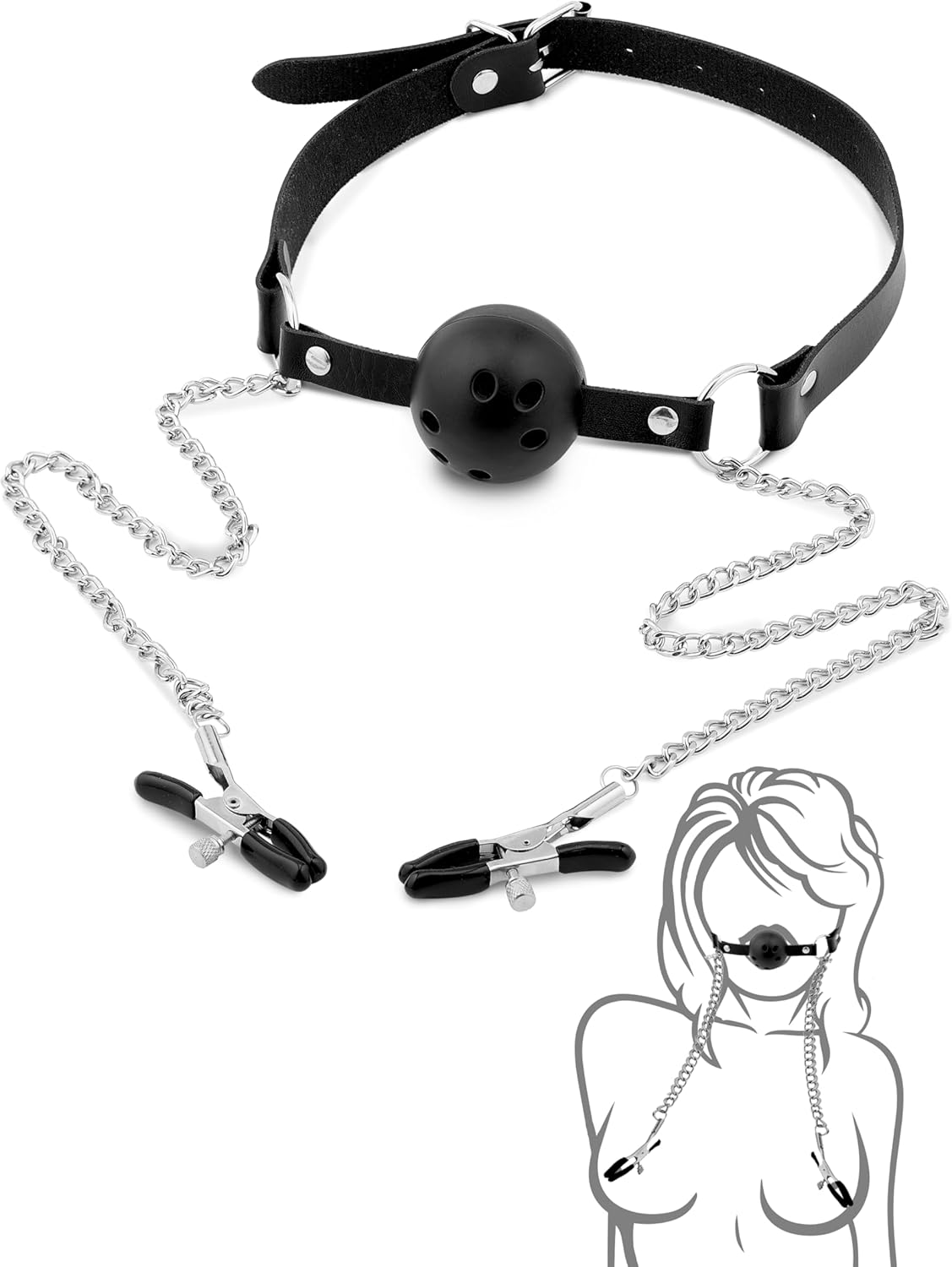 Silicone Round Ball Gag with Nipple Clamps, Adult BDSM Role Play Accessory, Mouth Gag for Women and Men, Approx. 150g, Bondage Gear & Accessories, Sexual Wellness Adult Sex Toy