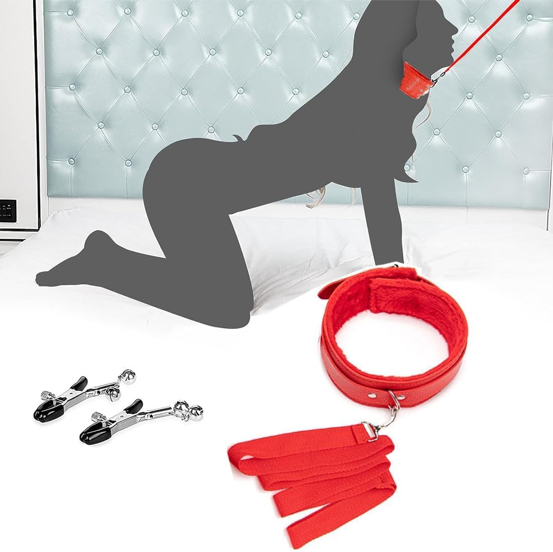[Sale] 12-Piece BDSM Adult Bondage Restraints Set, Black and Red Plush and Leather Sex Toys for Role Play, Foreplay Teasing and Master-Slave Games, Bondage Gear & Accessories