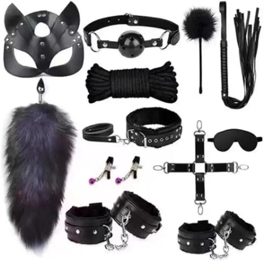 [Sale] 12-Piece BDSM Adult Bondage Restraints Set, Black and Red Plush and Leather Sex Toys for Role Play, Foreplay Teasing and Master-Slave Games, Bondage Gear & Accessories