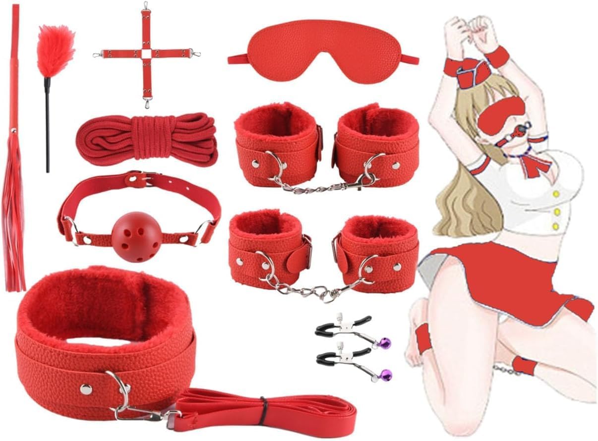[Sale] 12-Piece BDSM Adult Bondage Restraints Set, Black and Red Plush and Leather Sex Toys for Role Play, Foreplay Teasing and Master-Slave Games, Bondage Gear & Accessories