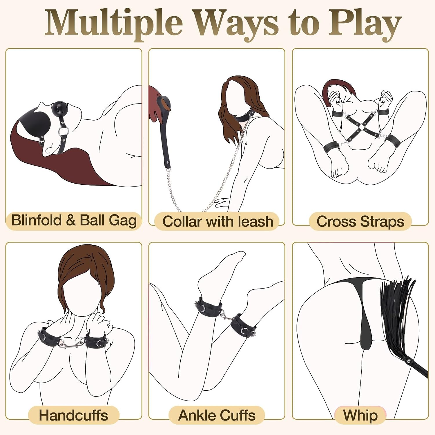 [Sale] 12-Piece BDSM Adult Bondage Restraints Set, Black and Red Plush and Leather Sex Toys for Role Play, Foreplay Teasing and Master-Slave Games, Bondage Gear & Accessories