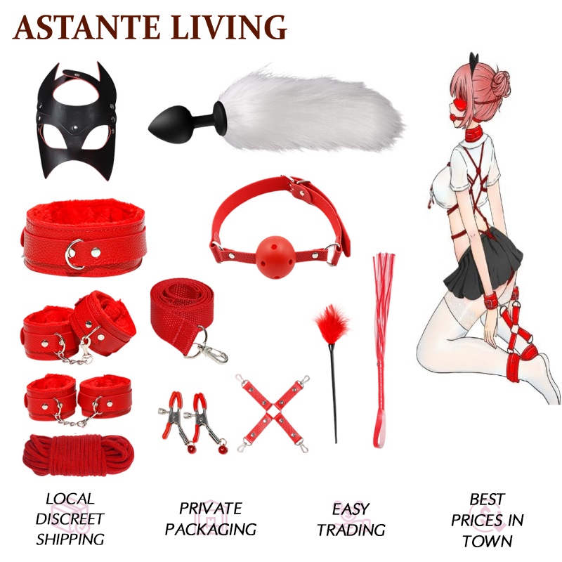 12-Piece BDSM Bondage Restraints Set, Adult Sex Toys with Plush and Leather Accessories, Black and Red Bondage Gear for Role Play, Foreplay Teasing and Master-Slave Games, Sexual Wellness