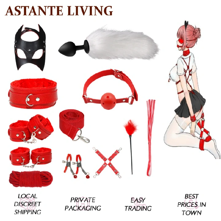 12-Piece BDSM Bondage Restraints Set, Adult Sex Toys with Plush and Leather Accessories, Black and Red Bondage Gear for Role Play, Foreplay Teasing and Master-Slave Games, Sexual Wellness