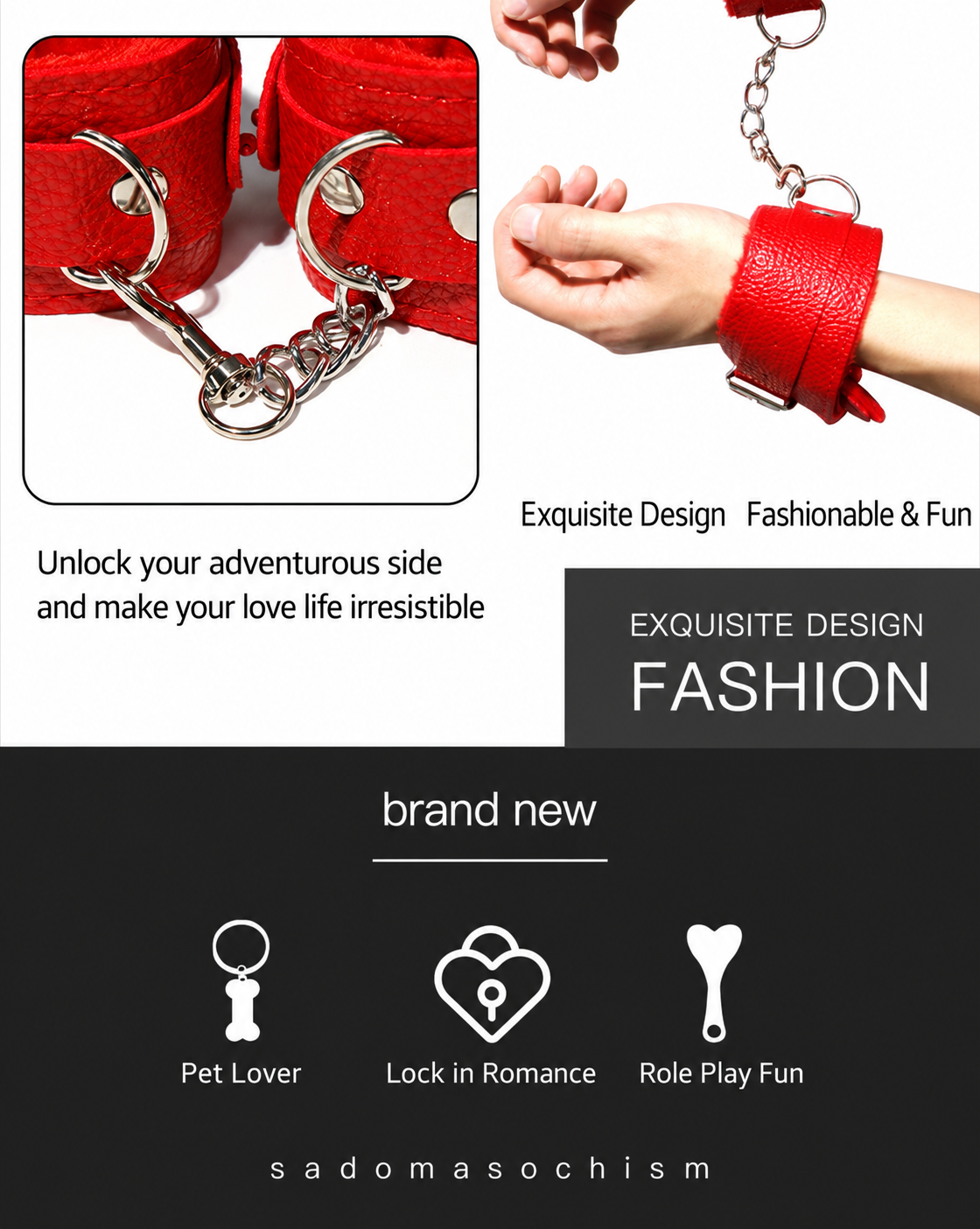 12-Piece BDSM Bondage Restraints Set, Adult Sex Toys with Plush and Leather Accessories, Black and Red Bondage Gear for Role Play, Foreplay Teasing and Master-Slave Games, Sexual Wellness