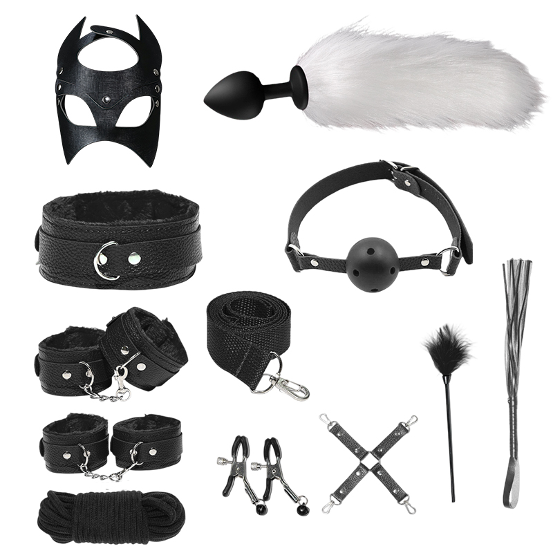 12-Piece BDSM Bondage Restraints Set, Adult Sex Toys with Plush and Leather Accessories, Black and Red Bondage Gear for Role Play, Foreplay Teasing and Master-Slave Games, Sexual Wellness