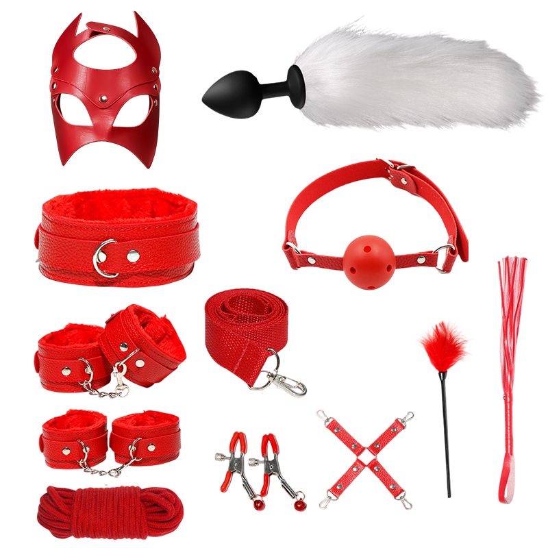 12-Piece BDSM Bondage Restraints Set, Adult Sex Toys with Plush and Leather Accessories, Black and Red Bondage Gear for Role Play, Foreplay Teasing and Master-Slave Games, Sexual Wellness