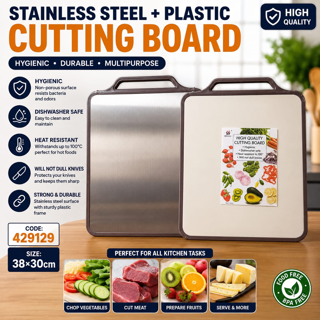 Stainless Steel & Plastic Cutting Board – Large Durable Kitchen Chopping Board with Easy-Clean Surface, Long-Lasting Food Preparation Board for Chopping Vegetables, Meat, Fruits & Everyday Use