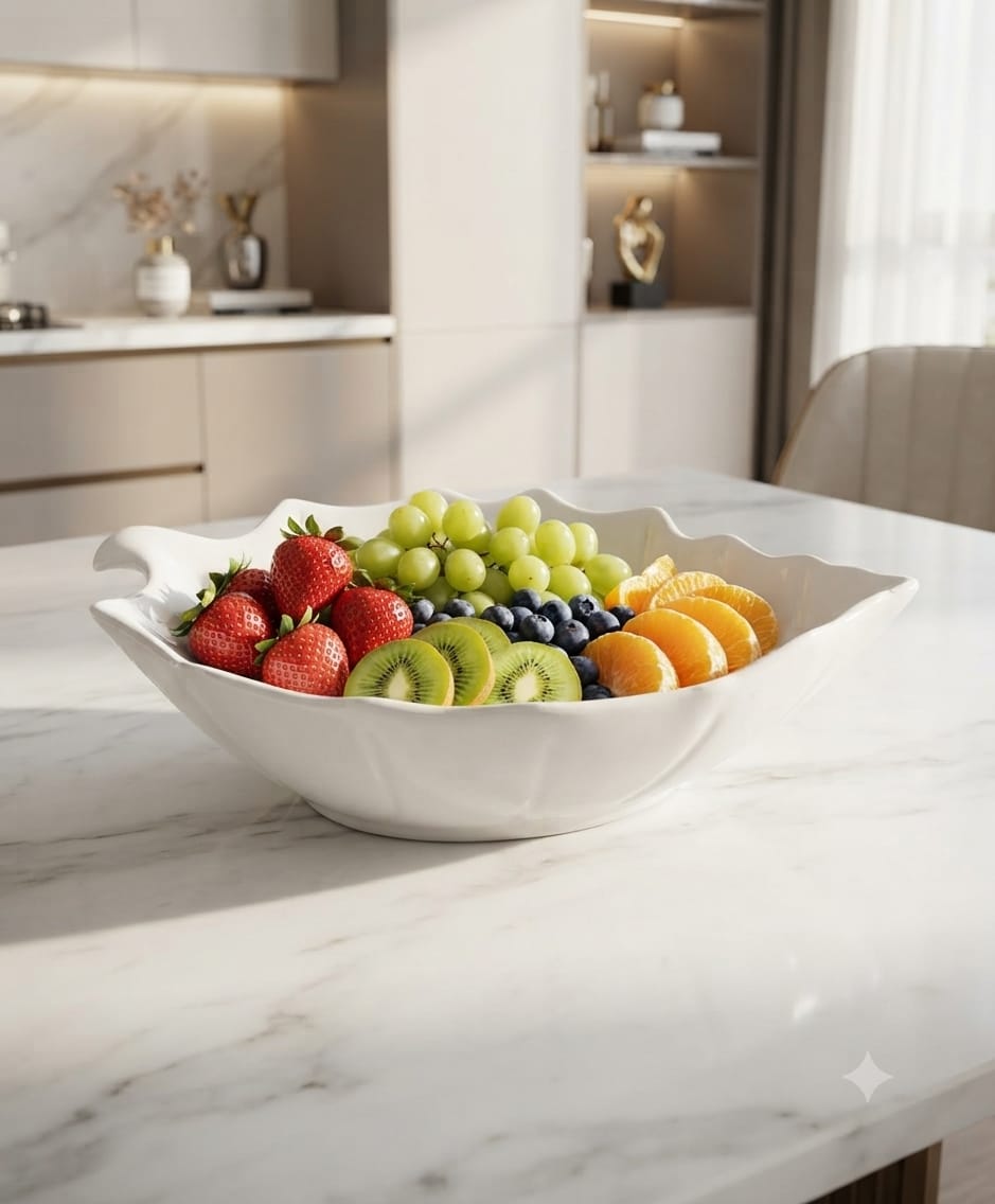 Ceramic Serving Leaf Bowl 12 Inch – White Decorative Serving Bowl with Leaf-Inspired Design for Salads, Fruits, Snacks, Desserts and Table Presentation, Elegant Kitchen and Dining Tableware