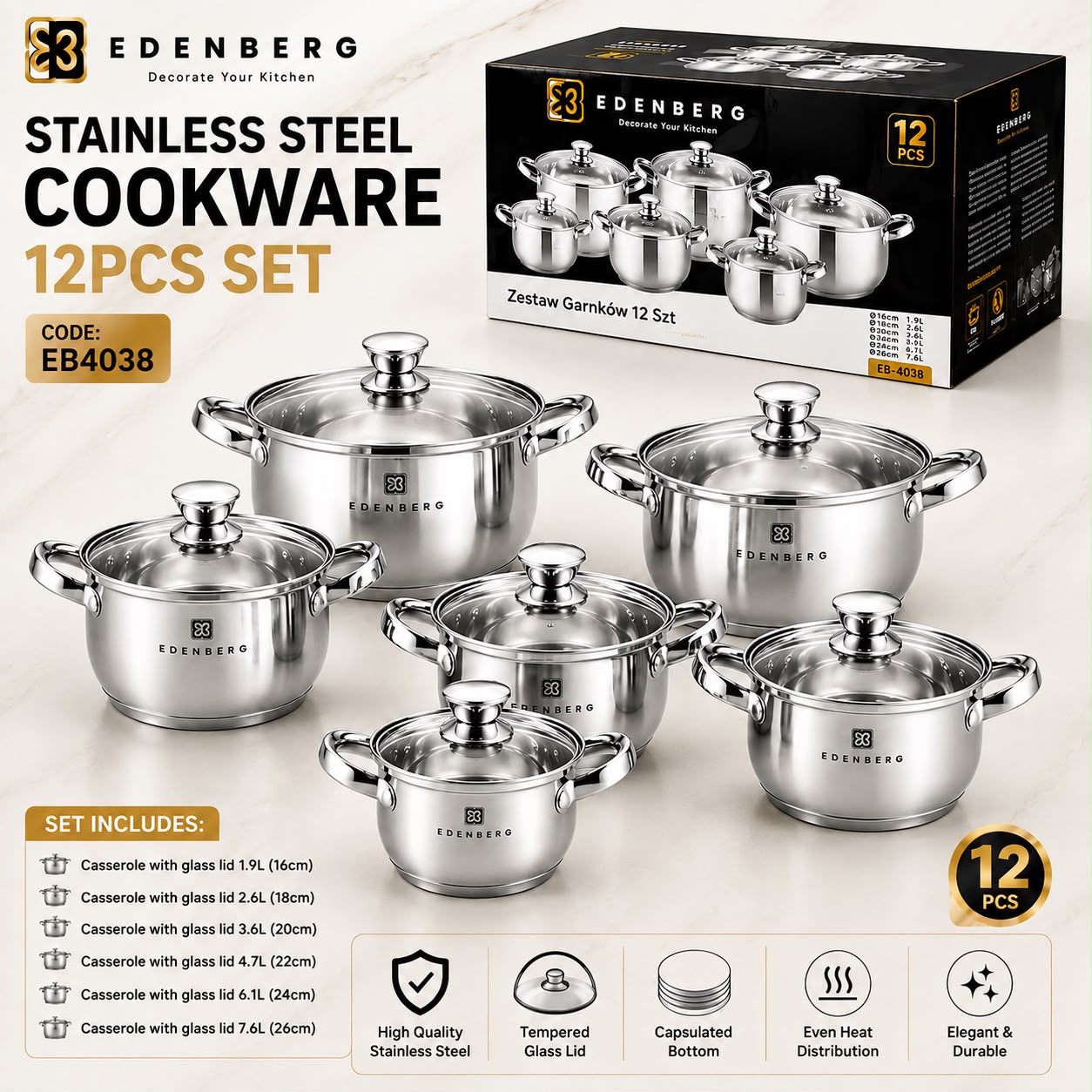 Edenberg 12pcs Stainless Steel Cookware Set – Premium Sufuria Set with Glass Lids, Durable Easy-Clean Pots for Everyday Cooking and Family Meals, Elegant Silver Kitchen Cookware