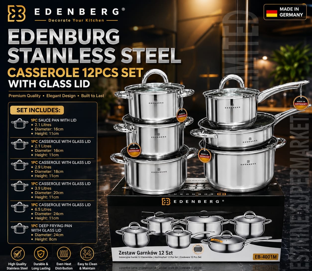 Edenberg 12pcs Stainless Steel Cookware Set with Glass Lids – Durable Easy-Clean Sufuria Set with Various Sizes for Convenient Everyday Cooking and Family Meals, Designed in Germany