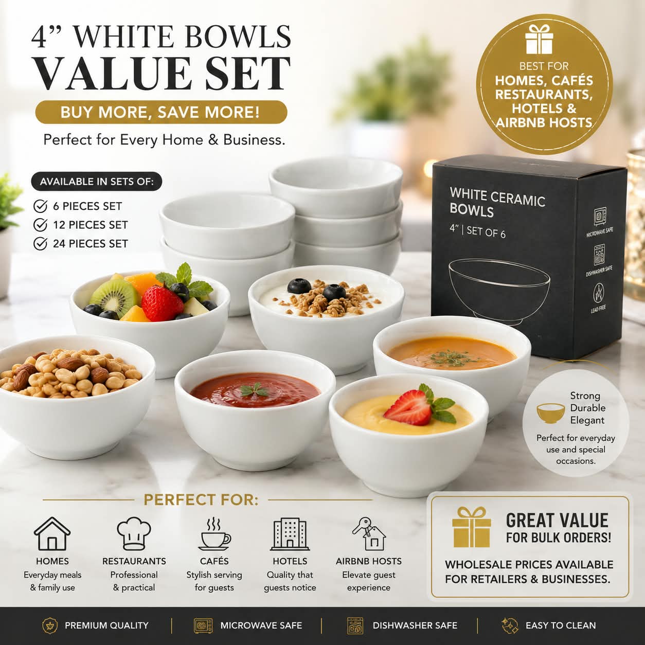 4 Inch White Ceramic Bowls 6pcs Set – Simple Elegant Serving Bowls for Desserts, Snacks, Sauces and Individual Portions, Versatile Ceramic Kitchen Tableware for Everyday Dining and Entertaining