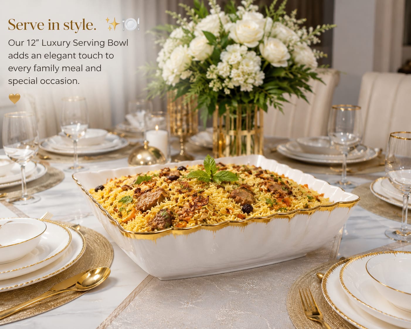 Gold Detail Serving Bowl 12 Inch – Elegant White Serving Bowl with Beautiful Gold Trim for Pilau, Biryani, Rice, Salads and Vegetables, Large Tableware for Family Meals, Hosting & Gifting