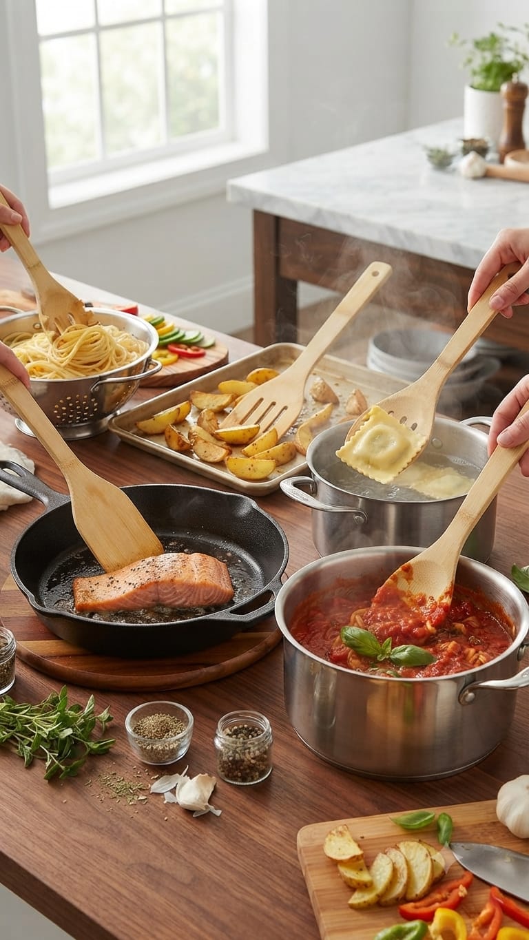 Bamboo Wooden Cookware Set – 5pcs Brown Kitchen Utensil Set with Spaghetti Spoon, Ugali Spoon, Mayai Spoon, Serrated Spoon and Soup Spoon, Durable Cooking Tools for Everyday Kitchen Use