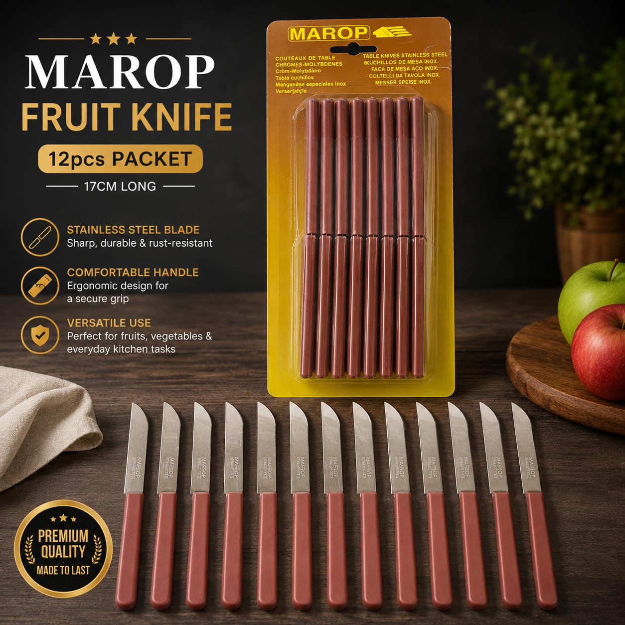 Marop Fruit Knife 12pcs Set 17cm – Stainless Steel Kitchen Knives with Comfortable Durable Handles for Cutting Fruits, Vegetables and Everyday Food Preparation