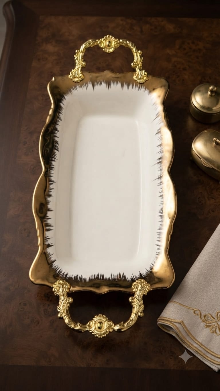 Rectangle Gold Detailed Serving Dish 13 × 7.5 Inch – White & Gold Ceramic Serving Tray for Snacks, Vegetables, Rice and Stew, Elegant Rectangular Tableware for Home Dining & Entertaining