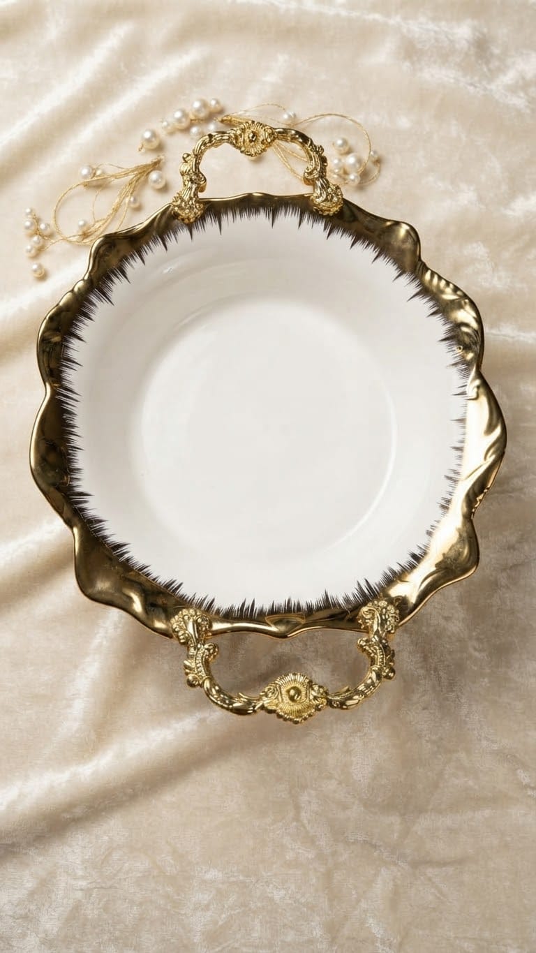 Round Gold Detailed Serving Platter – White & Gold Ceramic Serving Plate for Soup, Pasta, Vegetables and Main Dishes, Elegant Tableware for Home Dining, Restaurants, Hotels and Special Occasions