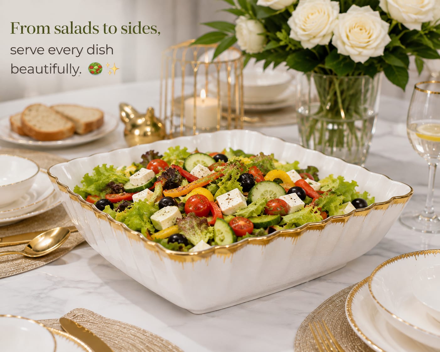 Gold Detail Serving Bowl 12 Inch – Elegant White Serving Bowl with Beautiful Gold Trim for Pilau, Biryani, Rice, Salads and Vegetables, Large Tableware for Family Meals, Hosting & Gifting