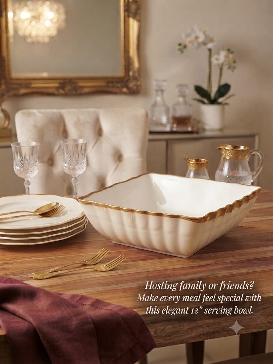 Gold Detail Serving Bowl 12 Inch – Elegant White Serving Bowl with Beautiful Gold Trim for Pilau, Biryani, Rice, Salads and Vegetables, Large Tableware for Family Meals, Hosting & Gifting