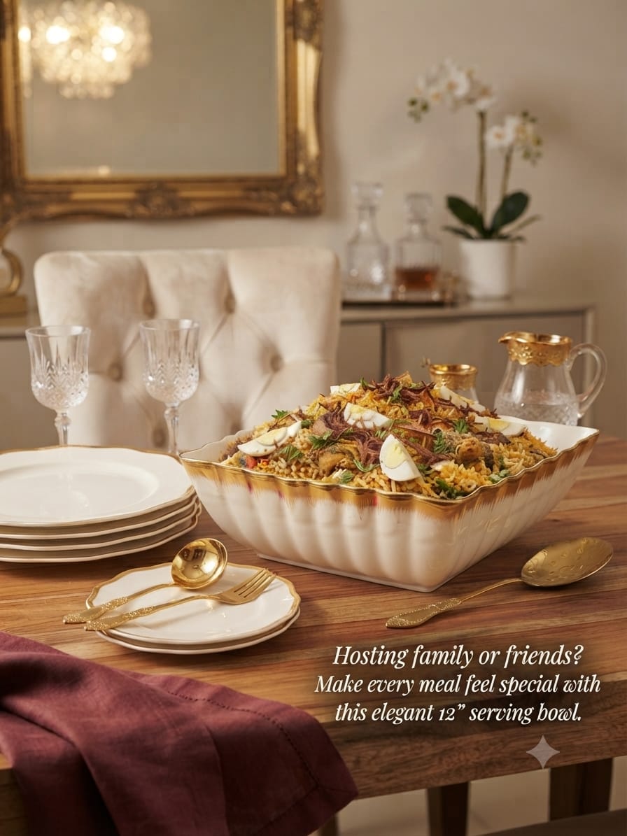 Gold Detail Serving Bowl 12 Inch – Elegant White Serving Bowl with Beautiful Gold Trim for Pilau, Biryani, Rice, Salads and Vegetables, Large Tableware for Family Meals, Hosting & Gifting