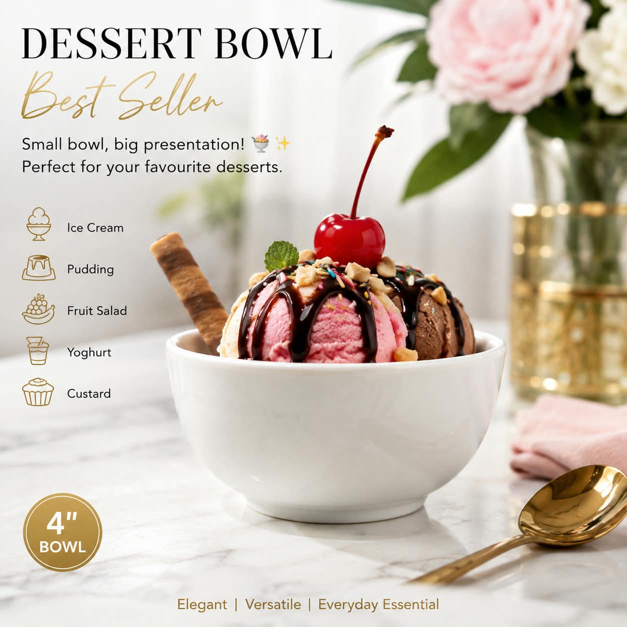 4 Inch White Ceramic Bowls 6pcs Set – Simple Elegant Serving Bowls for Desserts, Snacks, Sauces and Individual Portions, Versatile Ceramic Kitchen Tableware for Everyday Dining and Entertaining