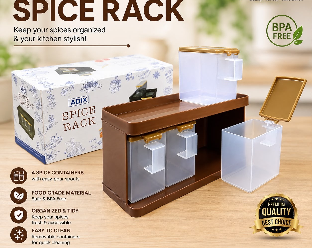 ADIX Spice Rack with 4 Spice Containers – Compact Kitchen Spice Organizer with Easy-Pour Design, Neat Seasoning Storage Rack for Salt, Pepper, Herbs and Everyday Cooking Essentials