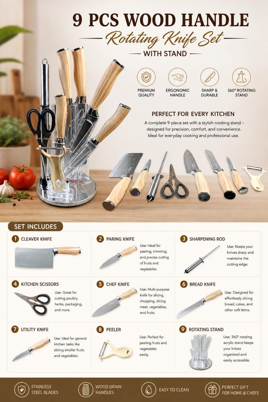 Premium 9pcs Kitchen Knife Set with Rotating Stand – Sharp Stainless Steel Blades with Stylish Wood Handles, Chef, Bread, Cleaver, Utility & Paring Knives, Scissors, Sharpener & Peeler