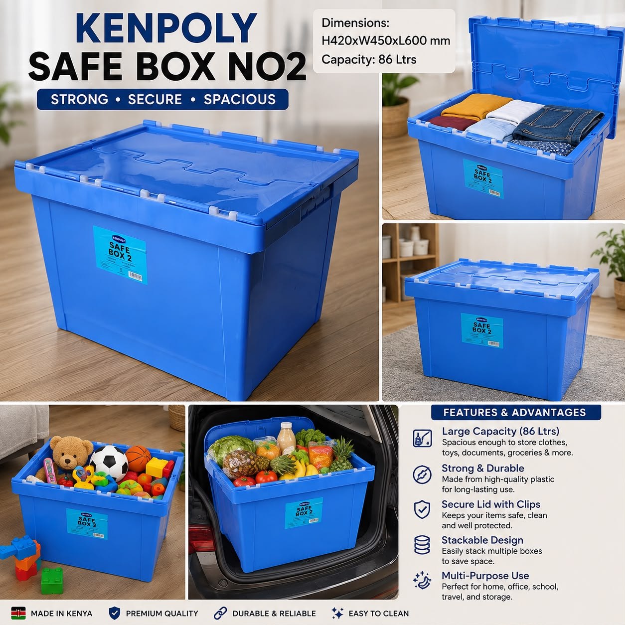 KENPOLY Safe Box  86L – Large Durable Plastic Storage Box with Secure Clip-On Lid for Clothes, Toys, Documents and Household Organization, Spacious Multipurpose Storage Container