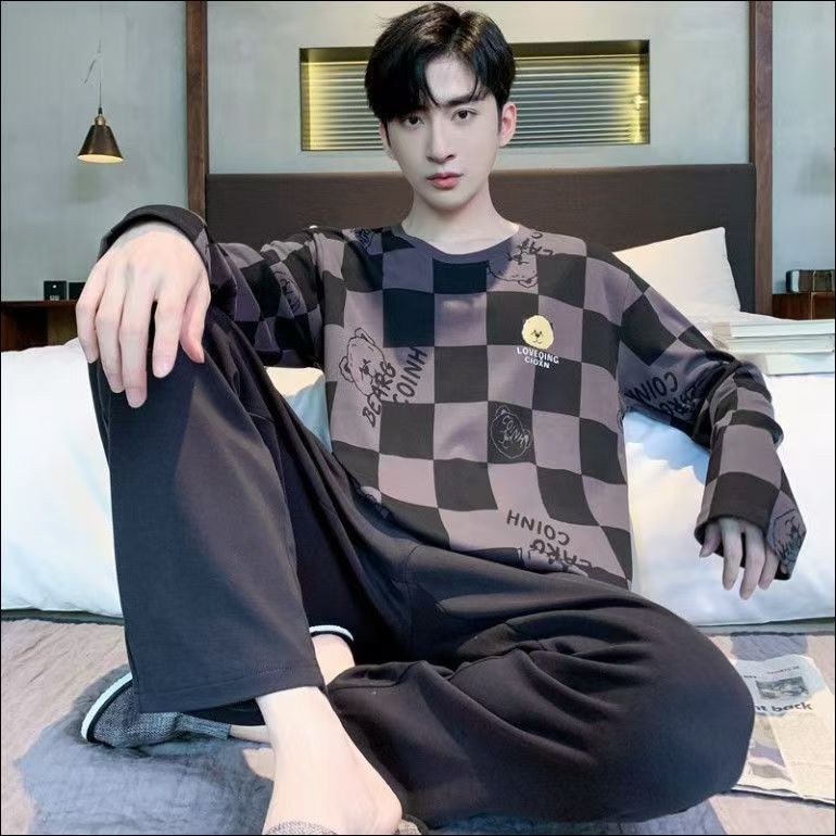 Men’S Thermal Pajamas Sets With Long Sleeve Long Pants Housewear Suit Winter Autumn Checkered Pattern Sleepwear