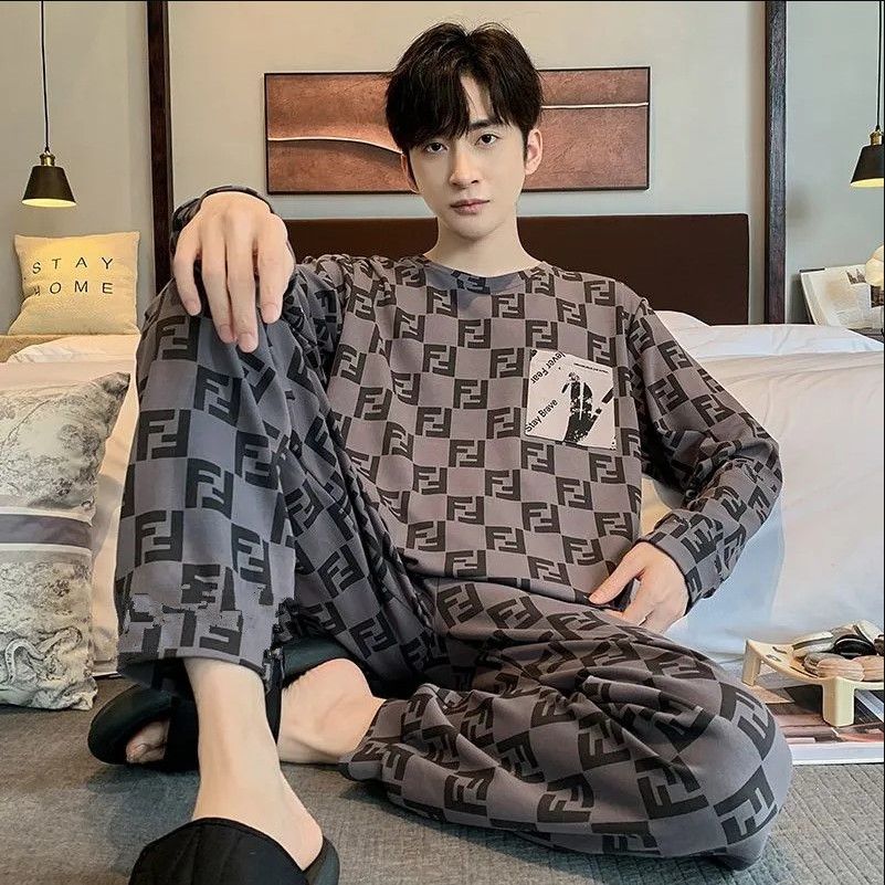 Men’S Thermal Pajamas Sets With Long Sleeve Long Pants Housewear Suit Winter Autumn Checkered Pattern Sleepwear