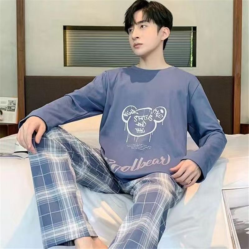 Men’S Thermal Pajamas Sets With Long Sleeve Long Pants Housewear Suit Winter Autumn Checkered Pattern Sleepwear