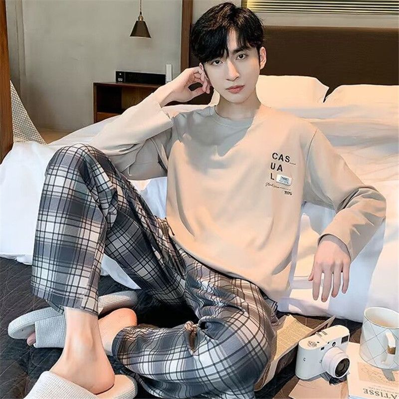 Men’S Thermal Pajamas Sets With Long Sleeve Long Pants Housewear Suit Winter Autumn Checkered Pattern Sleepwear