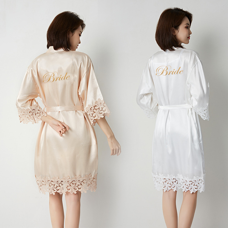 Women's Lace Silk Robe Sleepwear Bride Bridesmaid Nightgowns Getting Ready Robe Wedding Morning Gown Kimono Dressing Gown Women's Pajama