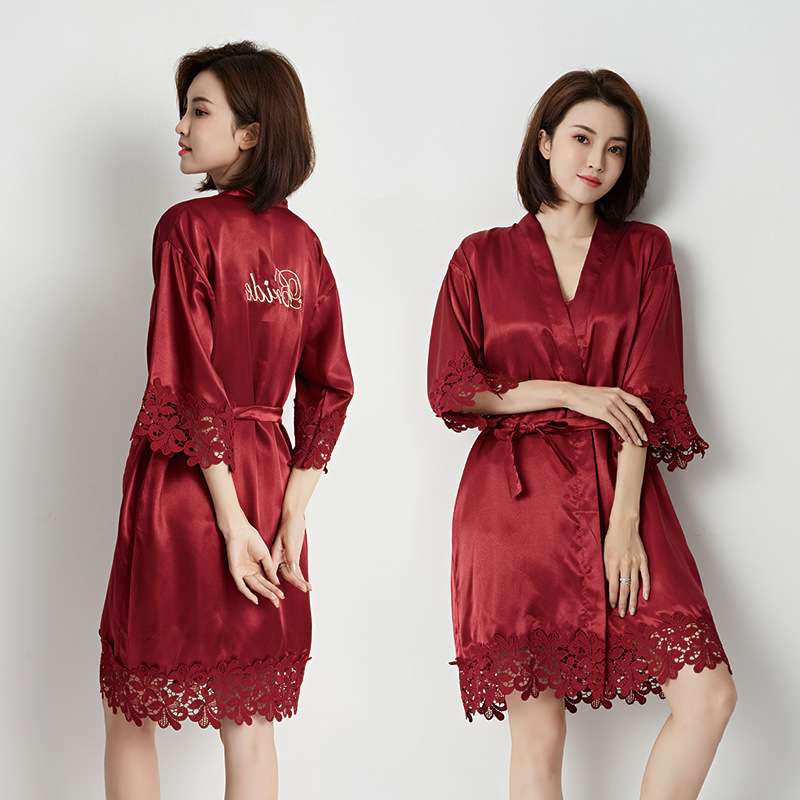 Women's Lace Silk Robe Sleepwear Bride Bridesmaid Nightgowns Getting Ready Robe Wedding Morning Gown Kimono Dressing Gown Women's Pajama