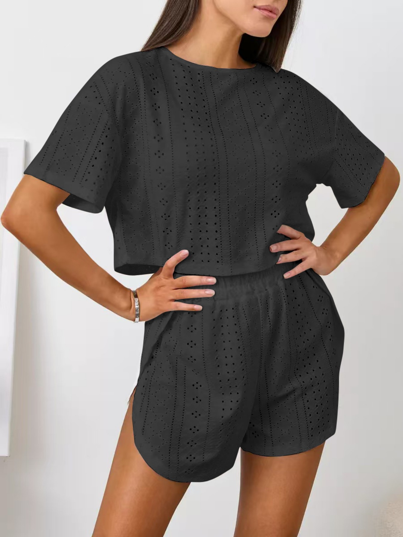 Summer Women Pajama Set Hollow Out Breathable Sexy Short Sleeve Split Hem Home Wear