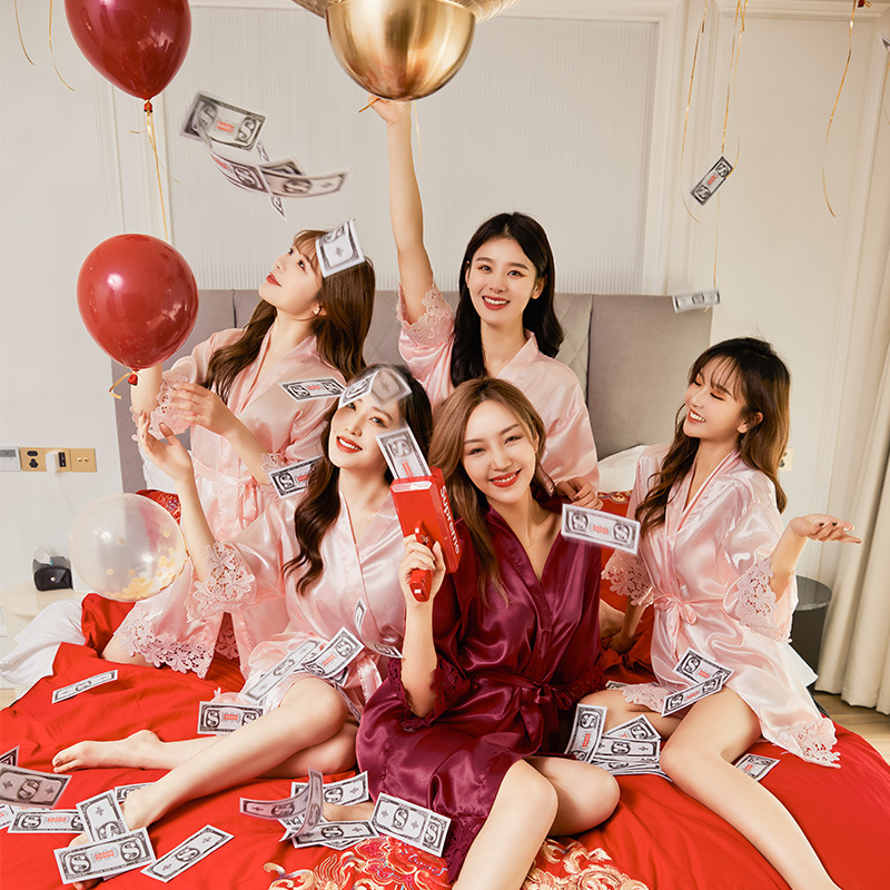 Women's Lace Silk Robe Sleepwear Bride Bridesmaid Nightgowns Getting Ready Robe Wedding Morning Gown Kimono Dressing Gown Women's Pajama