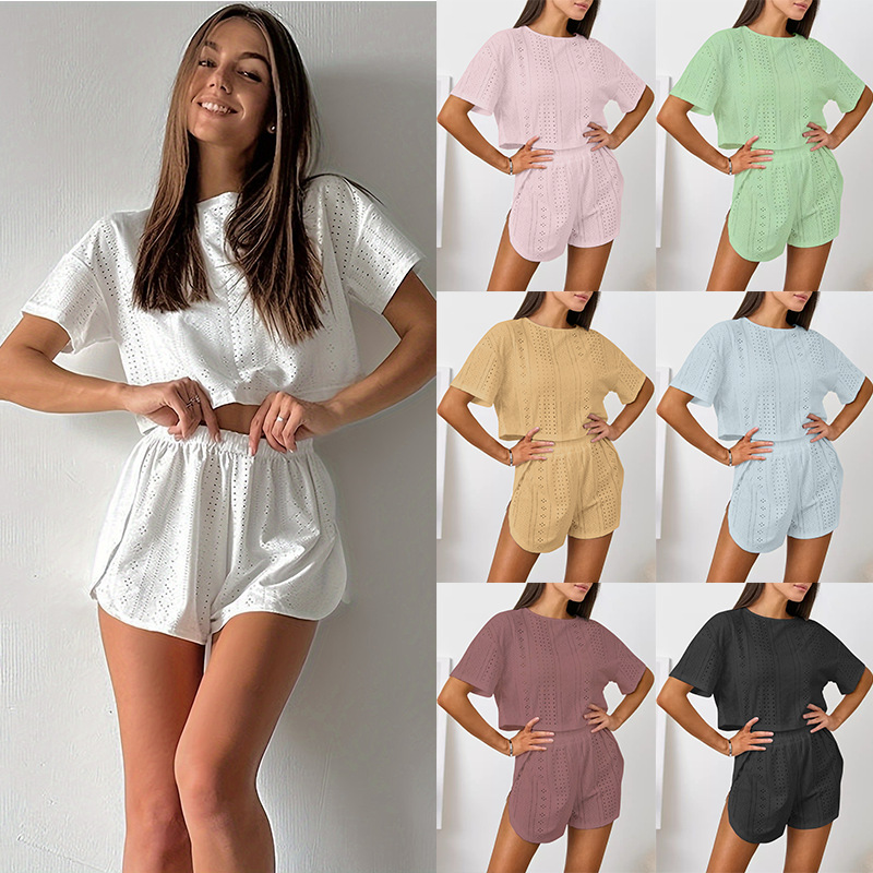 Summer Women Pajama Set Hollow Out Breathable Sexy Short Sleeve Split Hem Home Wear