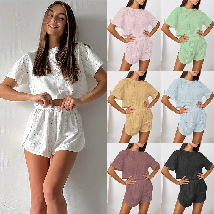 Summer Women Pajama Set Hollow Out Breathable Sexy Short Sleeve Split Hem Home Wear