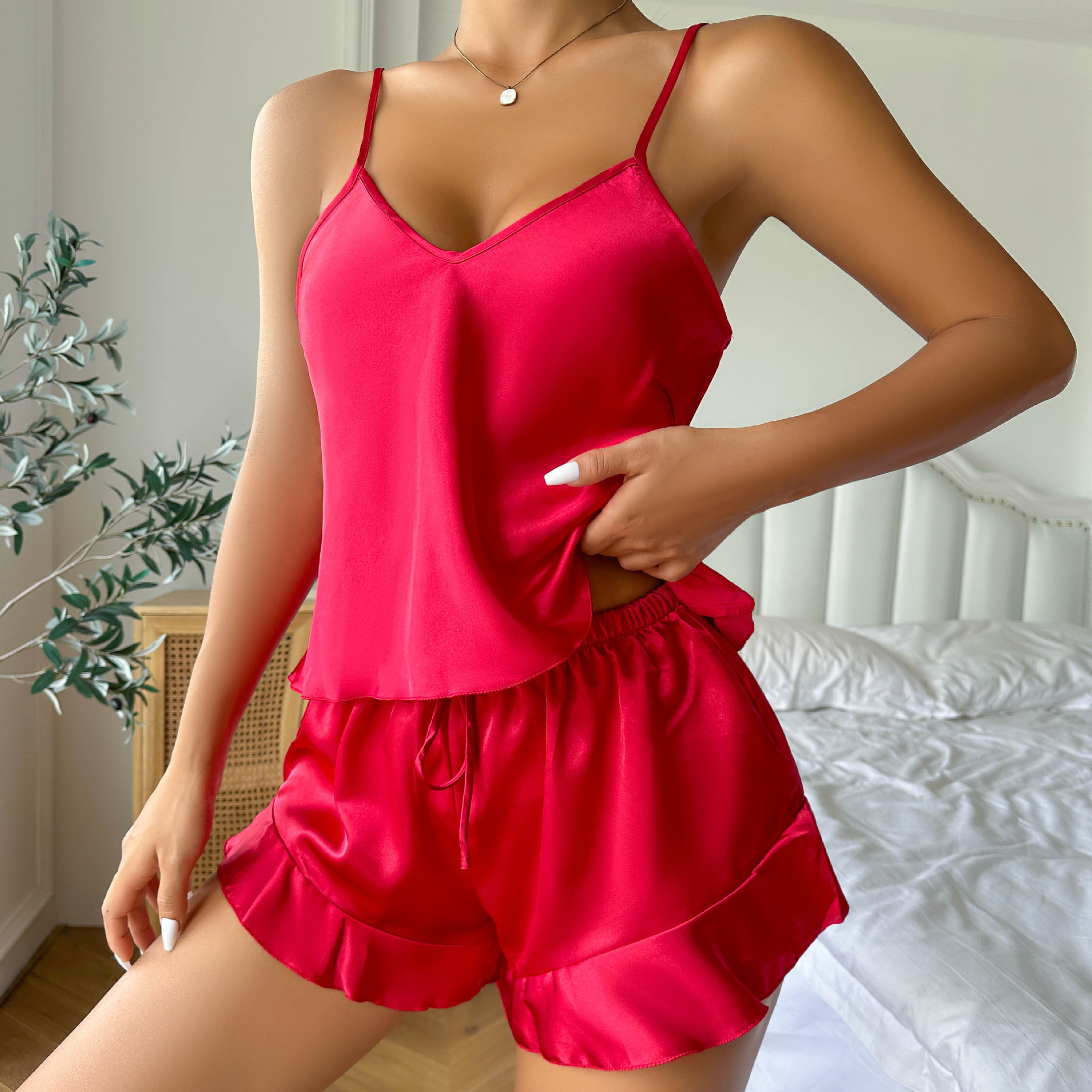 Summer Ice Silk Women Pajamas Sexy Cami & Shorts 2PCS Set Summer Women Home Wear Nightgown