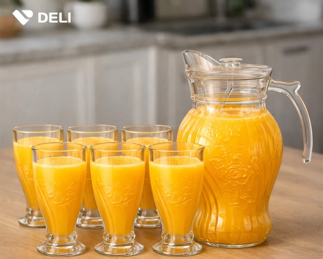 ELEGANT 🍲CLASSY🍂7 PC WATER SET;6 GLASSES AND 1.6L GLASS JUG🔥Classic water shape is crafted with fire-polished rim. Machine-made using the latest technology to resemble the quality of hand-blown ste
