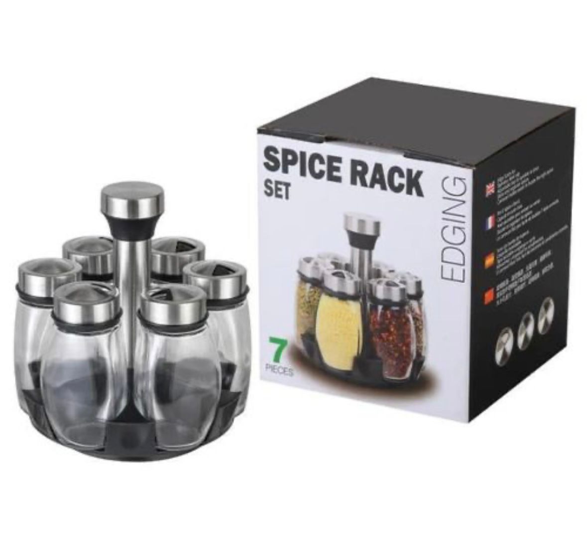 RESTOCKED‼️7pcs Spice Jar Set Rack Glass Organizer Rotating✔️Transparent bottle design, easy to identify the seasoning in the bottle, saving time to find. 360° rotating base, three-mouth rotating adju