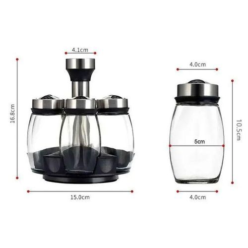 RESTOCKED‼️7pcs Spice Jar Set Rack Glass Organizer Rotating✔️Transparent bottle design, easy to identify the seasoning in the bottle, saving time to find. 360° rotating base, three-mouth rotating adju